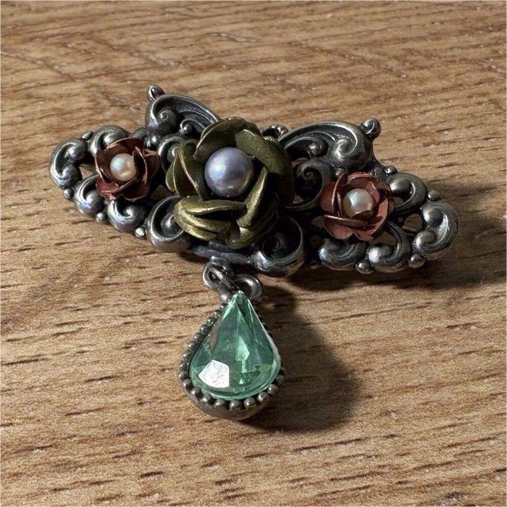 Vintage brooch from 1928 Jewelry, featuring ornate tear drop stone /faux pearl